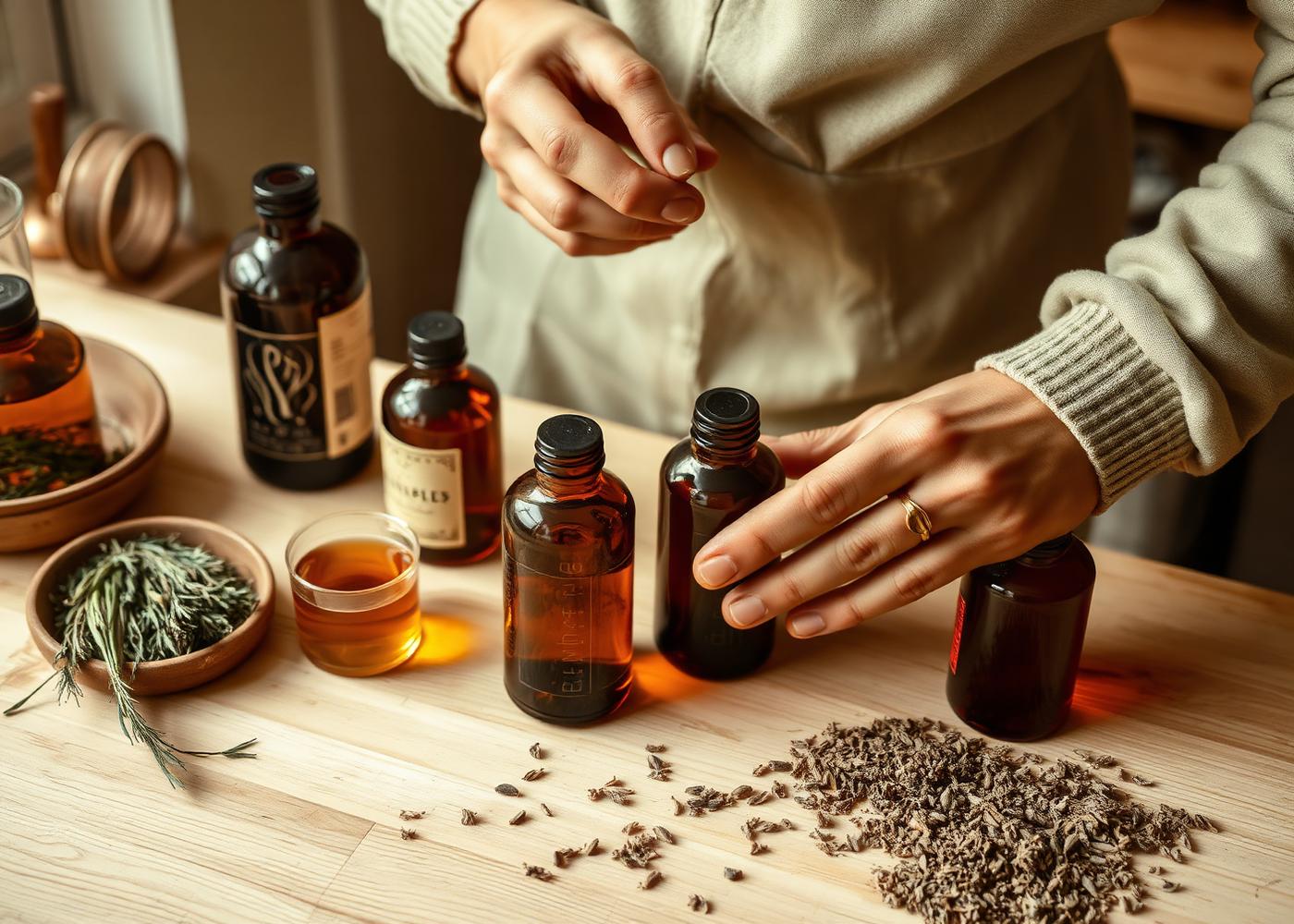 Préparation d'élixirs et de tisanes au laboratoire de la droguerie